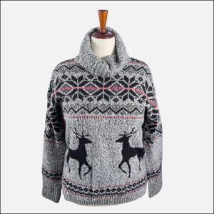 Kaisely Black Gray Red Fair Isle Reindeer Wool Blend Christmas Turtleneck (SZ L)